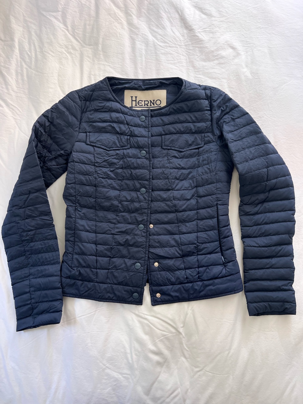 Herno Women's Navy Quilted Collarless Puffer Jacket